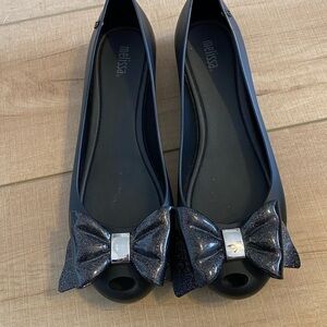 MELISSA  9 Black Jelly Ballet Flat with Glitter Bow